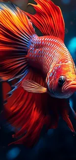 Vibrant Betta fish with flowing orange fins against a blurred blue background.