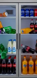 Colorful assortment of soda bottles in a refrigerator.