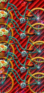 Vibrant bicycle art on a red background wallpaper.