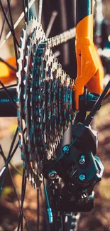 Close-up image of bicycle gear in vibrant colors, showcasing mechanical details.