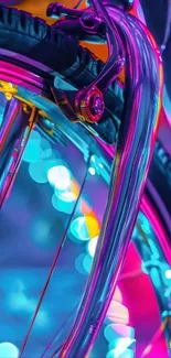 Colorful and vibrant bicycle wheel in abstract neon light.