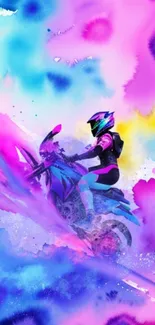 Vibrant artwork of a motorbike rider in pink, blue, and purple hues.