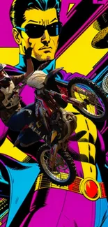 Action-packed biker and vivid comic art wallpaper with bright yellow tones.