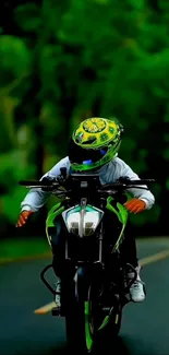 Biker on green road with vibrant helmet.