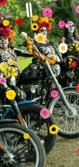 Day of the Dead bikers with vibrant face paint and colorful attire.