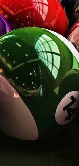 Green billiard ball with reflections in dynamic wallpaper.