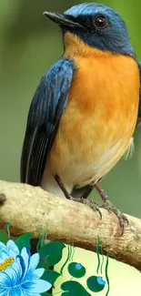 Colorful bird perched with floral accent wallpaper.