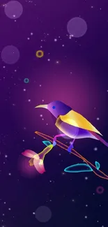 Colorful bird on branch with starry night sky backdrop.