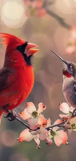 Red cardinal and hummingbird among delicate blossoms on a branch.