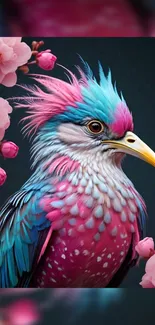 Vibrant and colorful bird with pink blossoms in artistic wallpaper design.