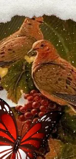 Vibrant birds and butterfly among grapes on a brown and green backdrop.