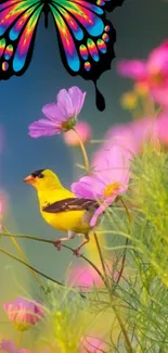 Yellow bird and butterfly among pink flowers.