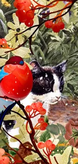 Vibrant red bird and black-white cat in lush green scenery.