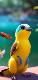 Colorful bird with a fish in vibrant natural setting.