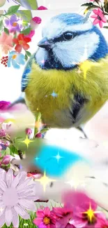 Colorful bird and floral design wallpaper with sparkles.