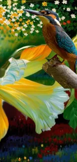 Colorful wallpaper with kingfisher and flowers.