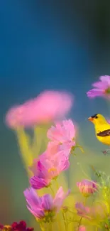 Yellow bird perched among pink flowers in a vibrant wallpaper.