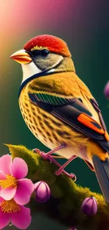 Colorful bird on branch with pink flowers on a vibrant mobile wallpaper.