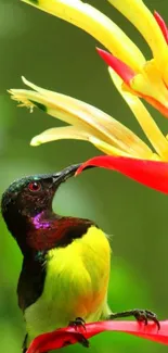 Vibrant bird perches on red flower with green background.