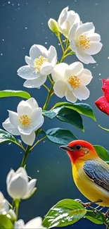 Vibrant bird with roses and jasmine flowers on a phone wallpaper.