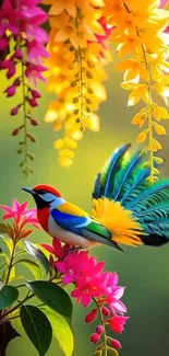 A vibrant bird among colorful flowers in a lush setting.