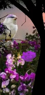 Wallpaper of a bird among purple flowers with a tree silhouette.