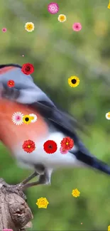 Colorful bird perched with vibrant flowers.