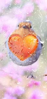 Charming bird with heart pattern on a rainy blossom background.