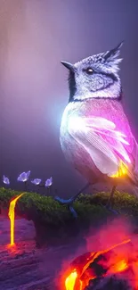 Mystical bird on glowing lava landscape.