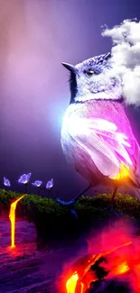 A vibrant bird perched above glowing lava with a fantasy landscape background.