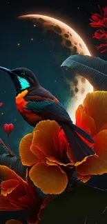 Colorful bird with a moonlit floral background.