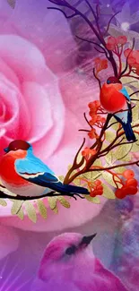 Colorful birds among roses wallpaper with vibrant pink hues.