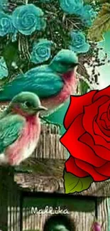 Colorful birds and roses in a vibrant garden scene.