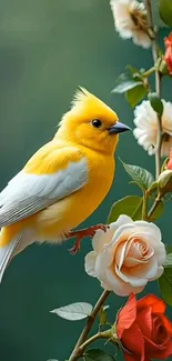 Yellow bird perched on rose branch in nature.