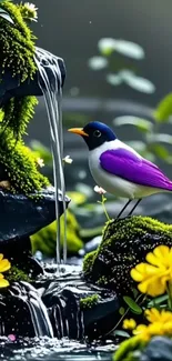 Colorful bird perched by a waterfall in a vibrant flower garden.