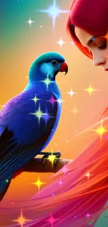 Vibrant artwork of a woman and colorful bird with a gradient background.