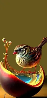 Bird on a vibrant decorative globe with an olive green background.