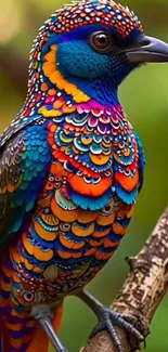 Vibrant bird wallpaper featuring colorful feathers on a branch.