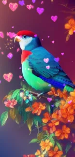 Colorful bird with vibrant flowers, art wallpaper.