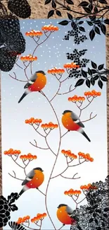 Orange and black birds on a nature-themed artistic wallpaper.