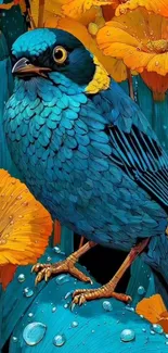 Illustrated blue bird with orange flowers in vibrant colors.
