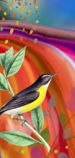 Vibrant art wallpaper featuring a colorful bird and leaves.