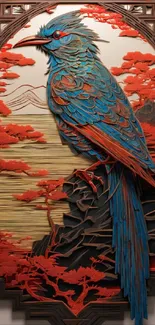 Colorful bird art wallpaper in vibrant red and blue hues.