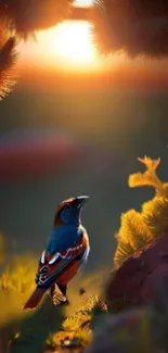 Vibrant bird in sunset with colorful background.