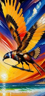 Colorful bird flying against a sunset sky in vibrant art style.