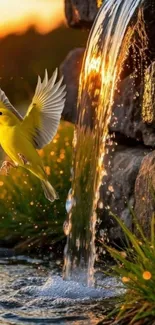 Yellow bird soaring beside a waterfall with vibrant orange light.