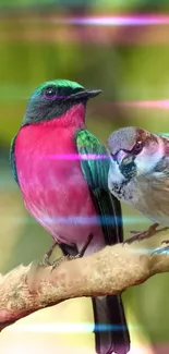 Two colorful birds perched on a branch with vibrant background.