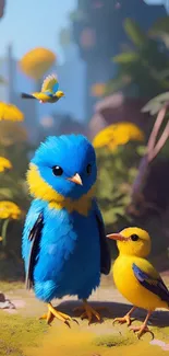 A pair of blue and yellow birds in a lush, colorful nature setting.