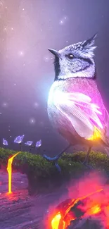 A vibrant fantasy bird perched on glowing lava amidst a mystical landscape.