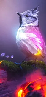 Fantasy bird with neon lights on a vibrant, surreal landscape.